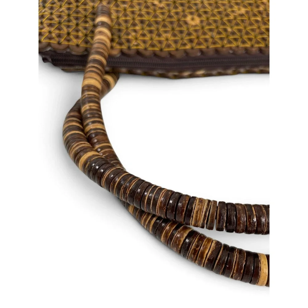 Y2K Handmade Coconut Shell Beaded Boho Handbag Artisan Crafted Brown Tote Purse